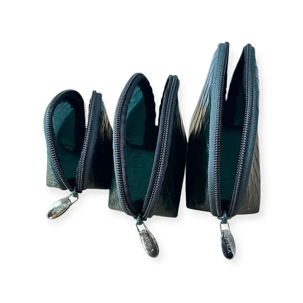 Furla Leather Cosmetic Case Set, Green Crocco Print Leather, Set of 3, New